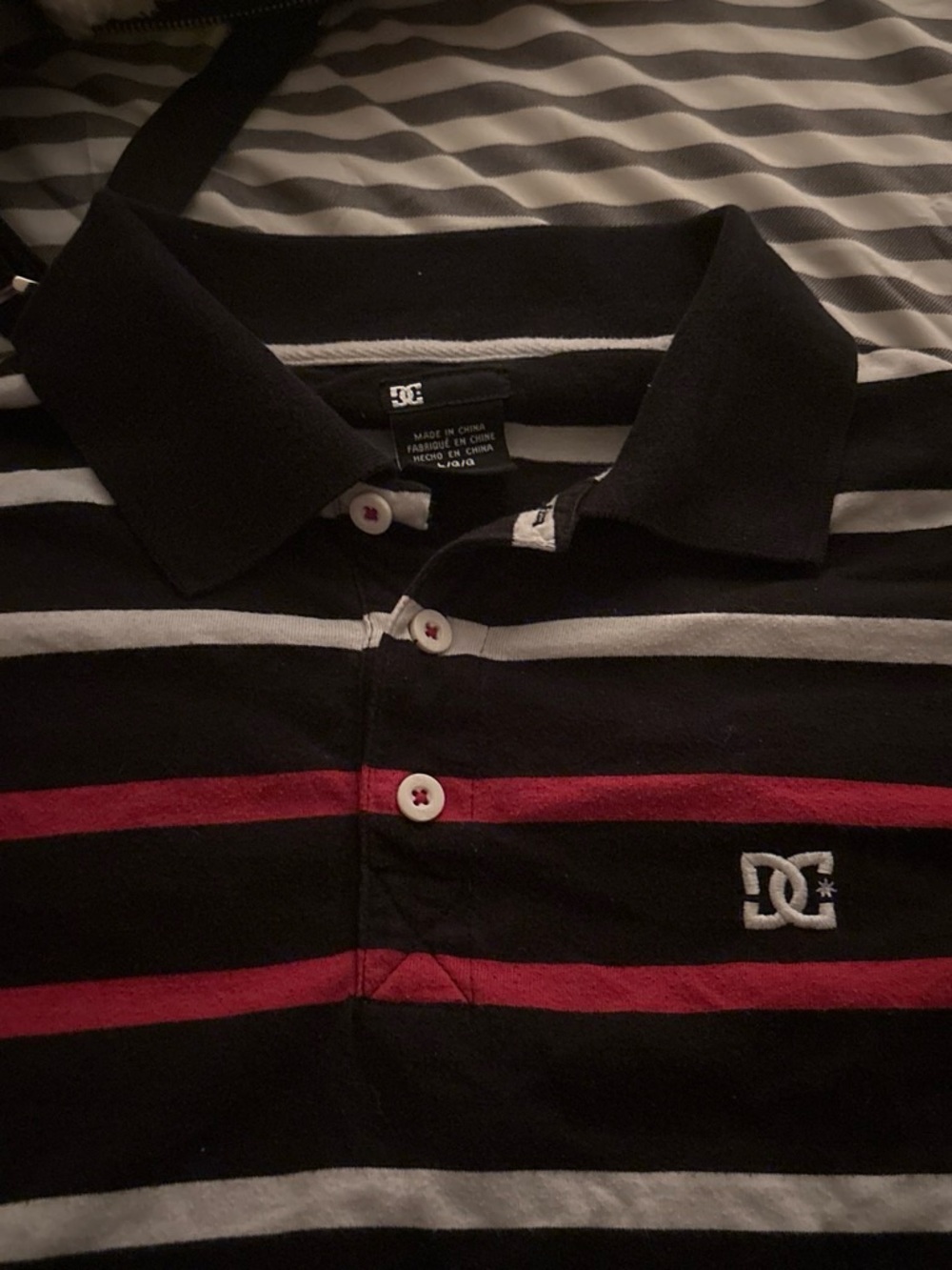 DC Black Polo with Red and White Stripes